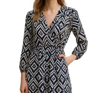 HONEY BELLE Print Crossover Mini Dress Navy Print V-neck Long Sleeve Boho Size S